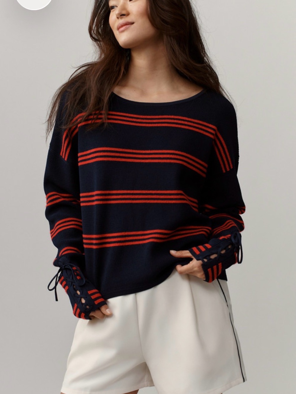 Maeve Anthropologie Boat neck Navy & Red Striped Lace-Up Sleeve Knit Top